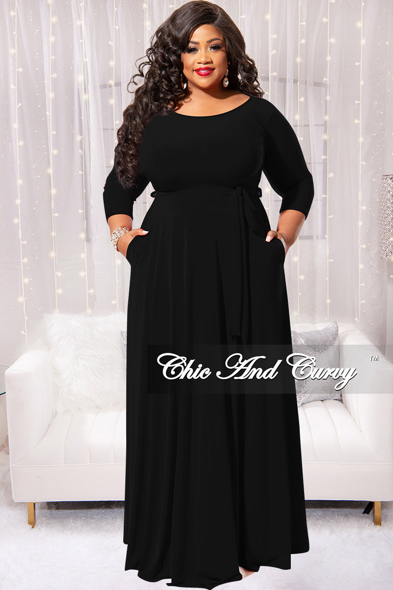 Final Plus Size Long Dress with 3/4 Sleeve and Tie in Black