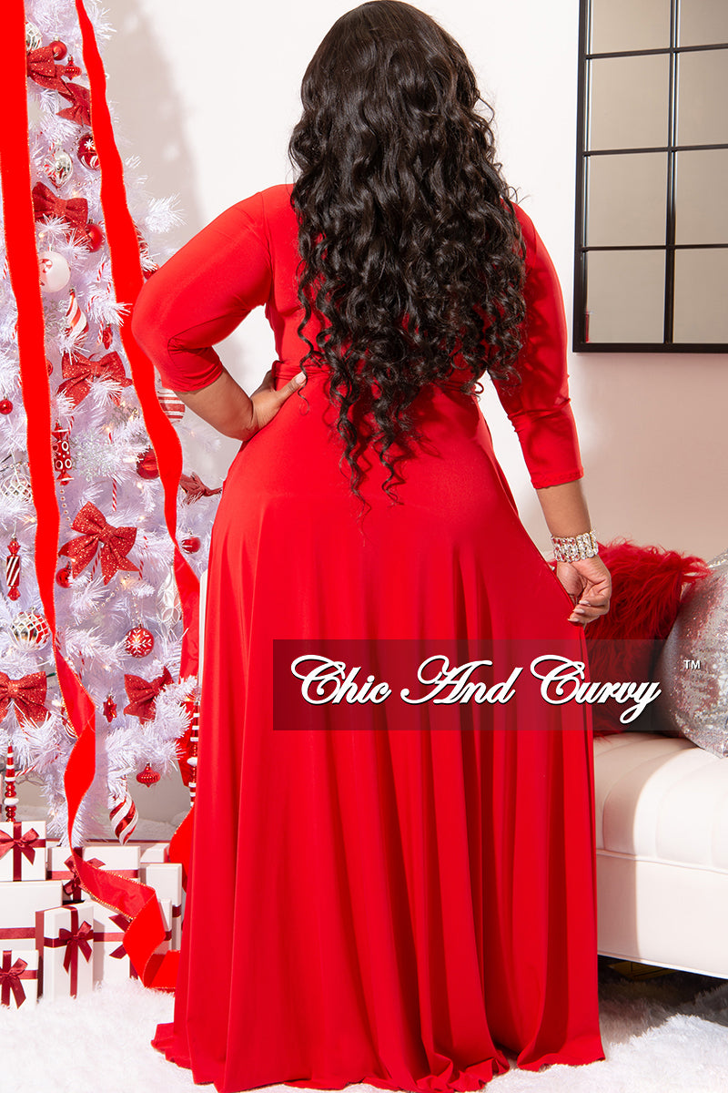 Final Plus Size Long Dress with 3/4 Sleeve and Tie in Red