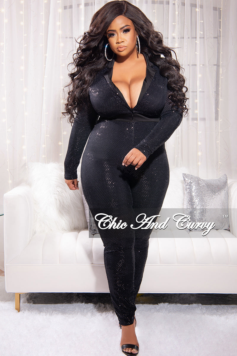Final Sale Plus Faux Sequin Jumpsuit with Front Zipper in Chic And Curvy