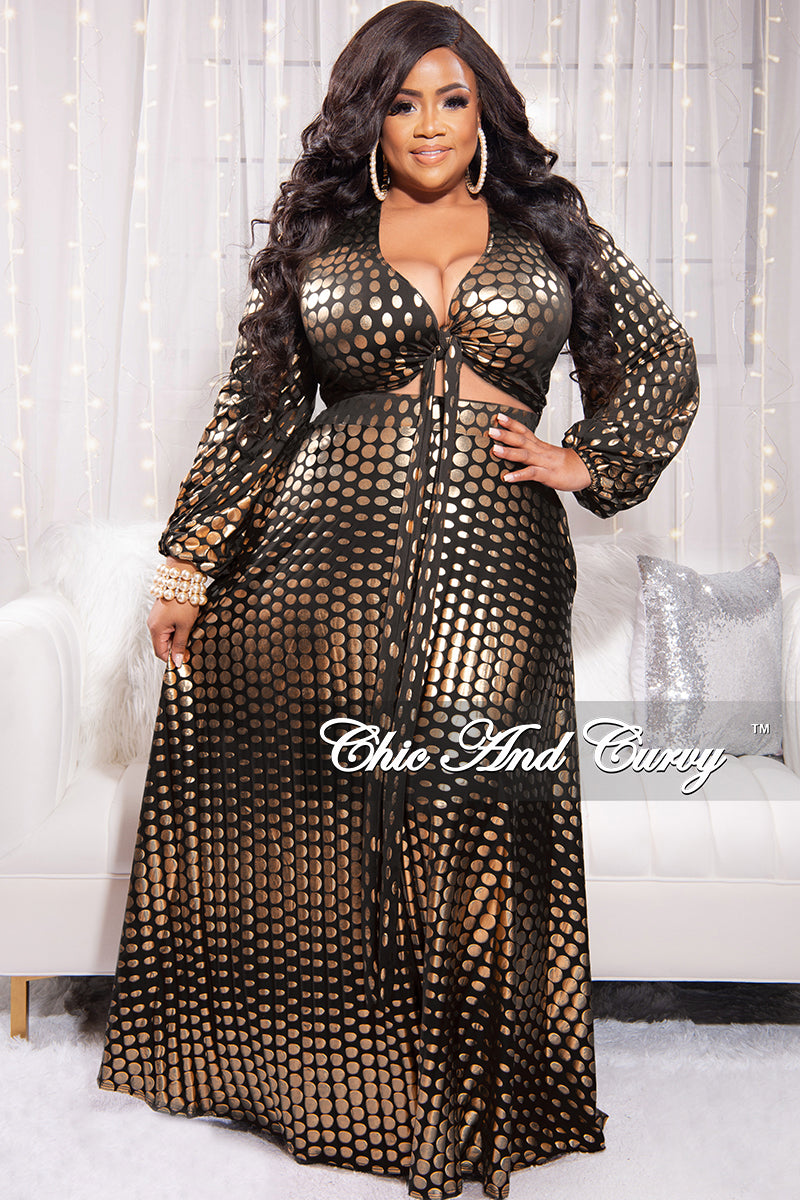 Final Sale Plus Size 2pc Long Sleeve Crop Tie Top and Skirt Set in Black with Gold Polka Dot