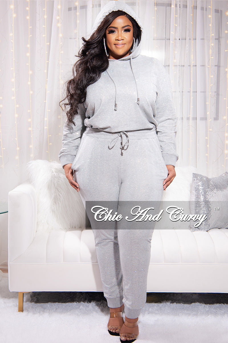 Final Sale Plus Size 2pc Iridescent Contrast Sequin Pullover Hooded and Pants Set in Grey