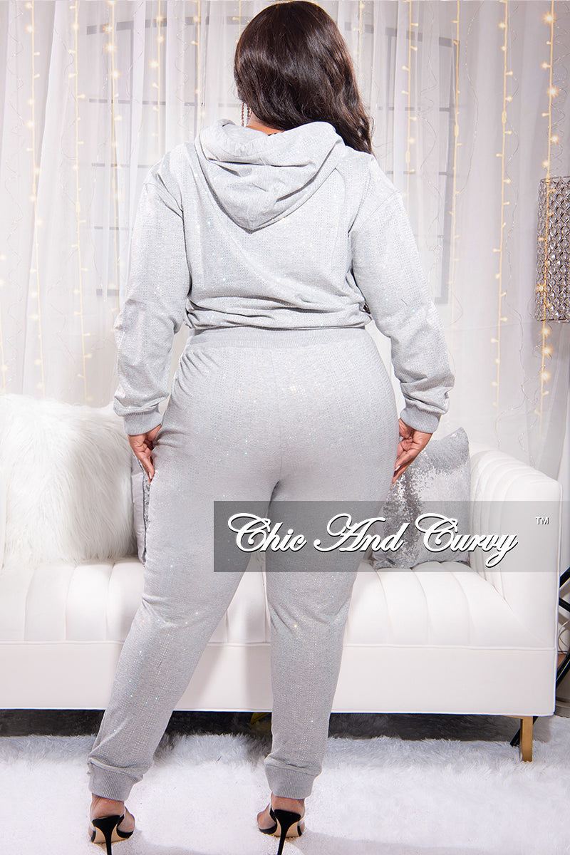 Final Sale Plus Size 2pc Iridescent Contrast Sequin Pullover Hooded and Pants Set in Grey