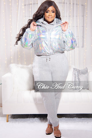 *Final Sale Plus Size Shiny Crop Puffer Jacket in Silver Iridescent Love
