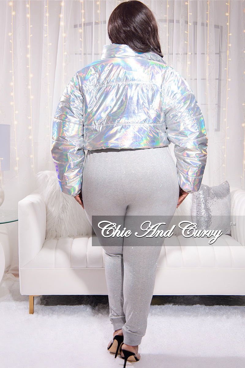 Final Sale Plus Size Shiny Crop Puffer Jacket in Silver Iridescent Lo –  Chic And Curvy