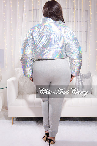 *Final Sale Plus Size Shiny Crop Puffer Jacket in Silver Iridescent Love