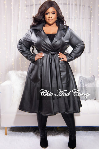 *Final Sale Plus Size Vegan Leather  Trench Coat with Tie in  Black