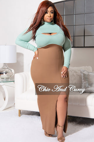 Final Sale Plus Size 2pc Knit Rib Spaghetti Strap BodyCon Dress with Pull Over Top and Front Slit in Brown and Teal