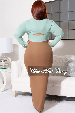 Final Sale Plus Size 2pc Knit Rib Spaghetti Strap BodyCon Dress with Pull Over Top and Front Slit in Brown and Teal