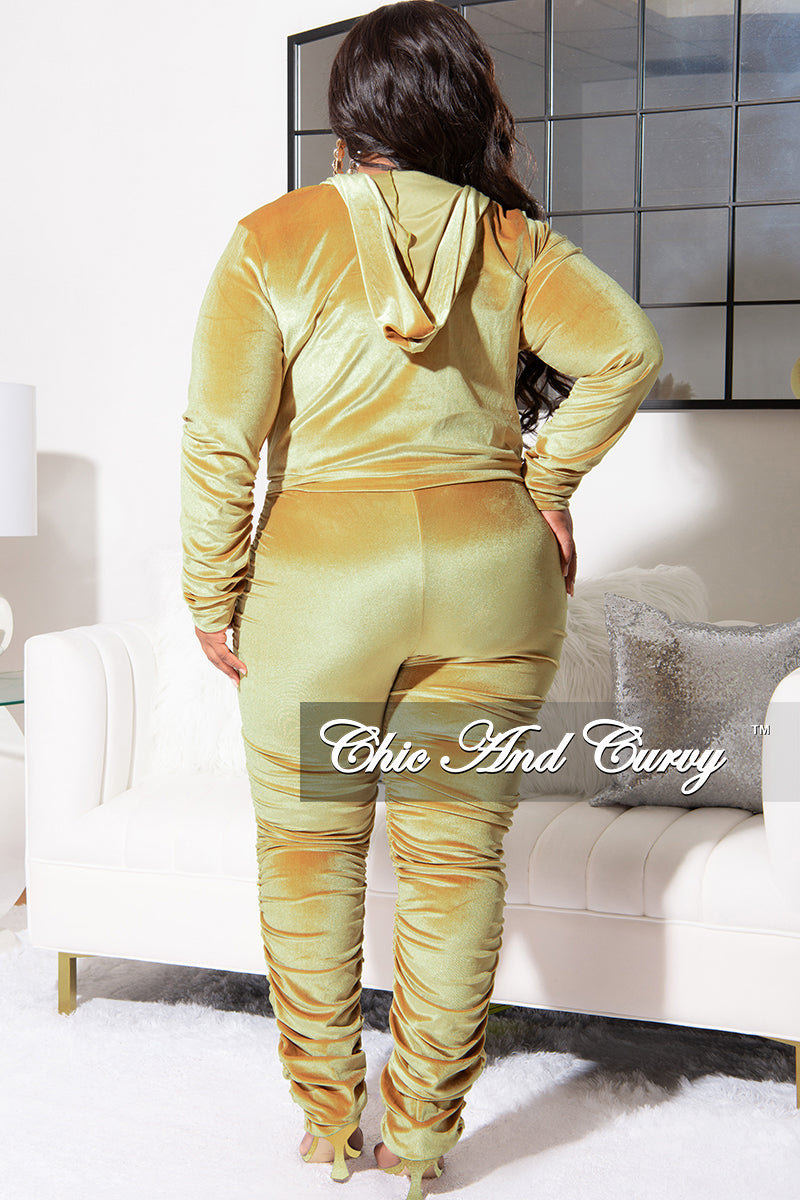 Final Sale Plus Size 2pc Ruched Hooded Zip-Up Top and Pants Set in Mustard Velvet