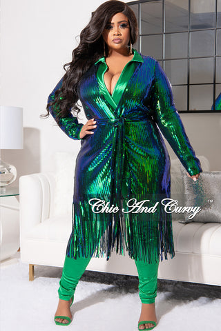 Final Sale Plus Size Faux Sequin Mermaid Duster with Belt in Green and Blue