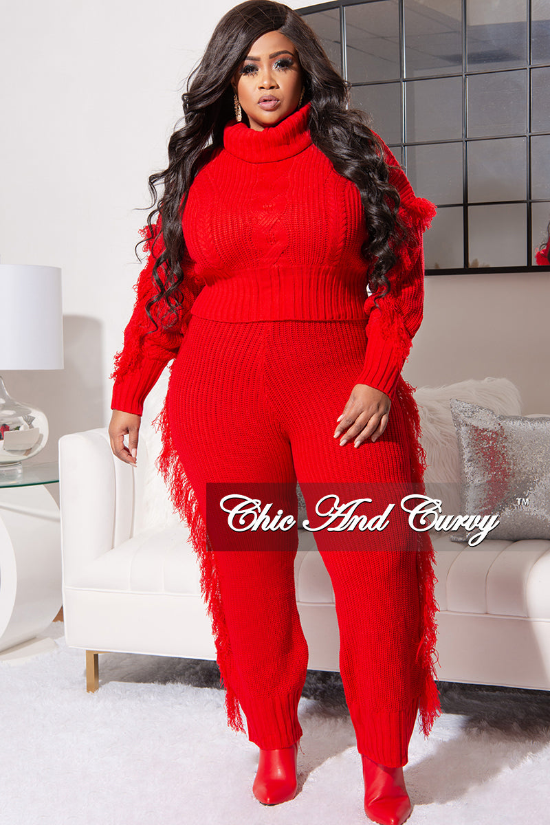 Final Sale Plus Size 2pc Fringe Sweater Pants Set in Red
