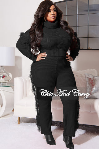 Final Sale Plus Size 2pc Fringe Sweater Pants Set in Black