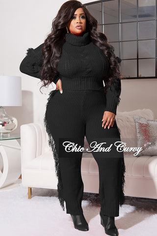 Final Sale Plus Size 2pc Fringe Sweater Pants Set in Black