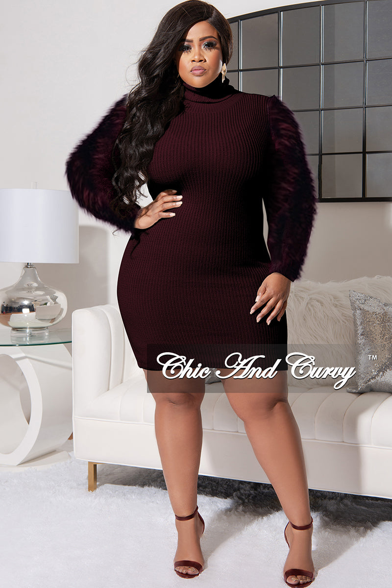 Final Sale Plus Size Turtle Neck Sweater Dress with Faux Fur Sleeves in Brown