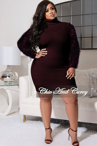 Final Sale Plus Size Turtle Neck Sweater Dress with Faux Fur Sleeves in Brown
