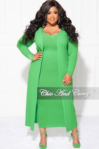 Final Sale Plus Size 2pc Ribbed Sleeveless Midi Dress and Duster in Green