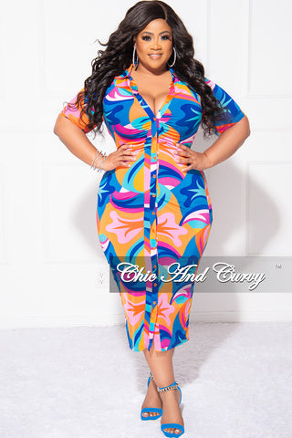 Final Sale Plus Size Collar Button Up BodyCon Dress In Multi Color "Mercy Me" Print