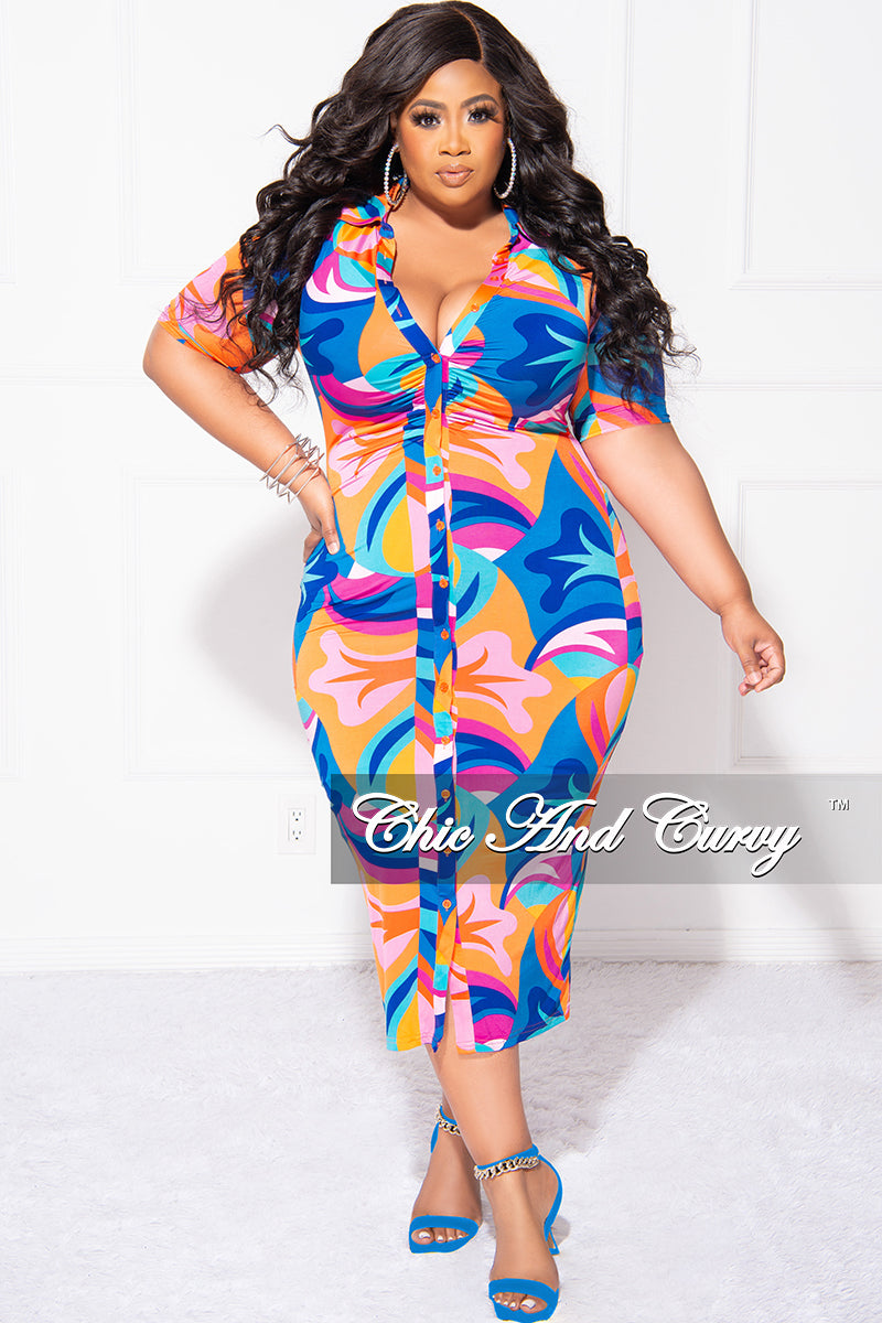 Final Sale Plus Size Collar Button Up BodyCon Dress In Multi Color "Mercy Me" Print