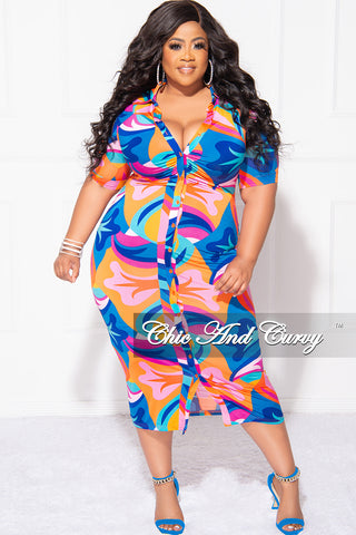 Final Sale Plus Size Collar Button Up BodyCon Dress In Multi Color "Mercy Me" Print