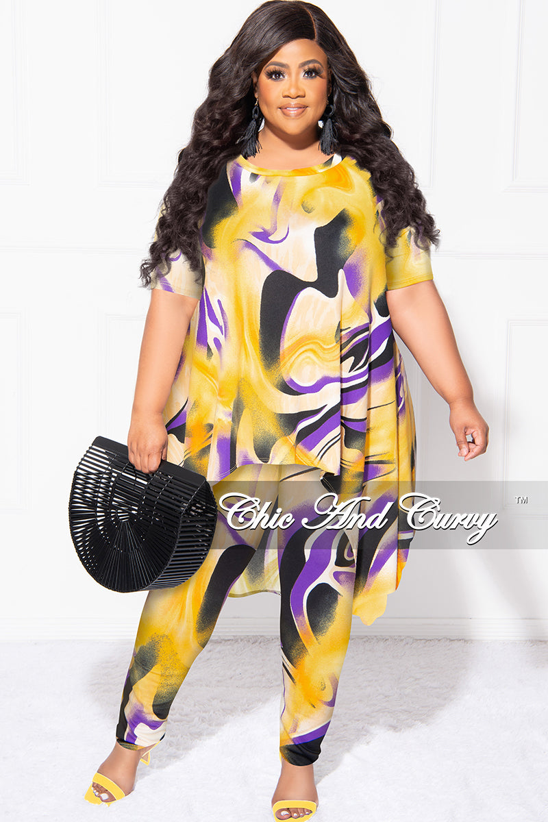 Final Sale Plus Size 2pc Short Sleeve High Low Top And Leggings Set In Yellow and Purple