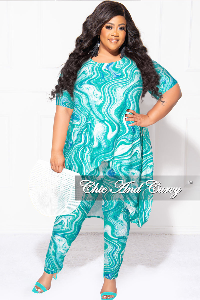 Final Sale Plus Size 2pc Short Sleeve High Low Top And Leggings Set In Green Blue and White