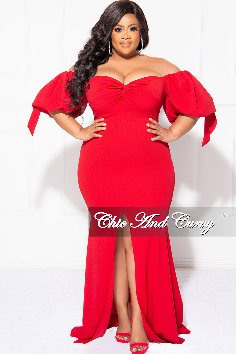 Final Sale Plus Size Puffy Sleeve Gown with Front Slit in Red – Chic And  Curvy