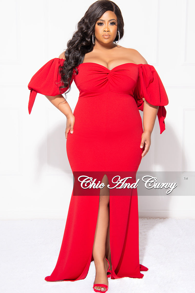 Final Sale Plus Size Puffy Sleeve Gown with Front Slit in Red