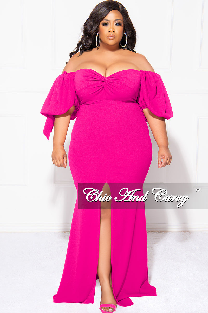 Final Sale Plus Size Puffy Sleeve Gown with Front Slit in Fuchsia