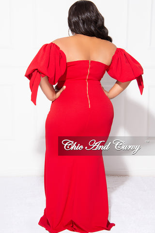 Final Sale Plus Size Puffy Sleeve Gown with Front Slit in Red