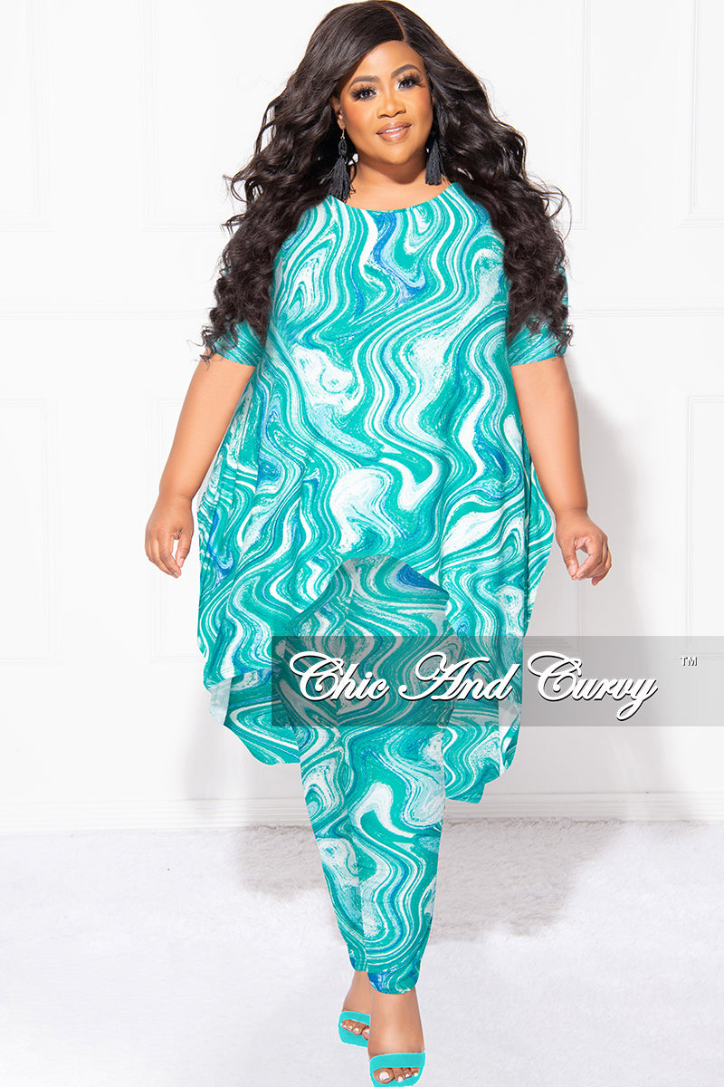 Final Sale Plus Size 2pc Short Sleeve High Low Top And Leggings Set In Green Blue and White