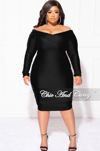 Final Sale Plus Size Off the Shoulder Criss-Cross BodyCon with Ruched Sides in Black