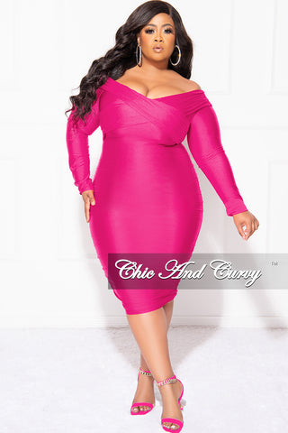 Final Sale Plus Size Off the Shoulder Criss-Cross BodyCon with Ruched Sides in Hot Pink