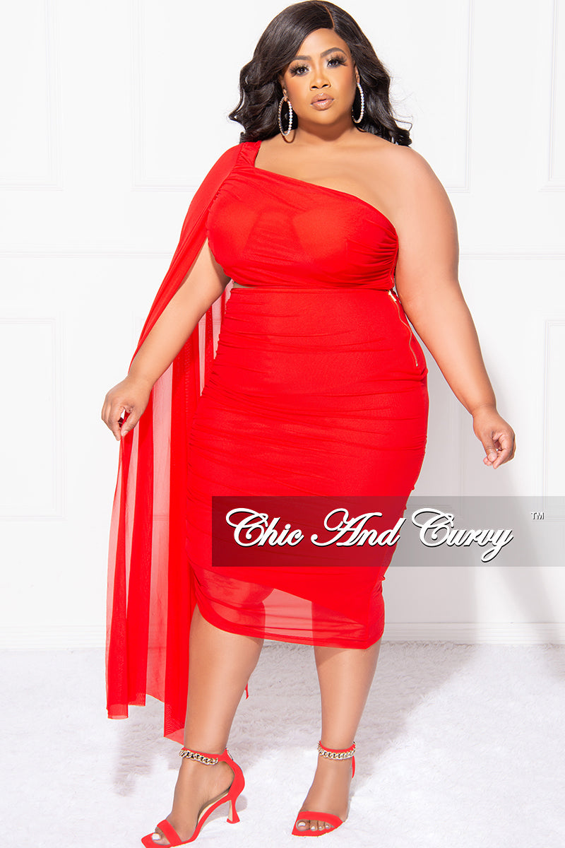 Final Sale Plus Size 2pc Set One Shoulder Long Train Crop Top and Ruched Skirt in Red