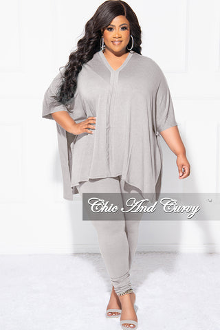 Final Sale Plus Size 2pc V Neck Tunic Top and Matching Legging Set in Light Grey