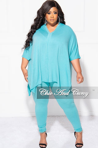 Final Sale Plus Size 2pc V Neck Tunic Top and Matching Legging Set in Mint Blue