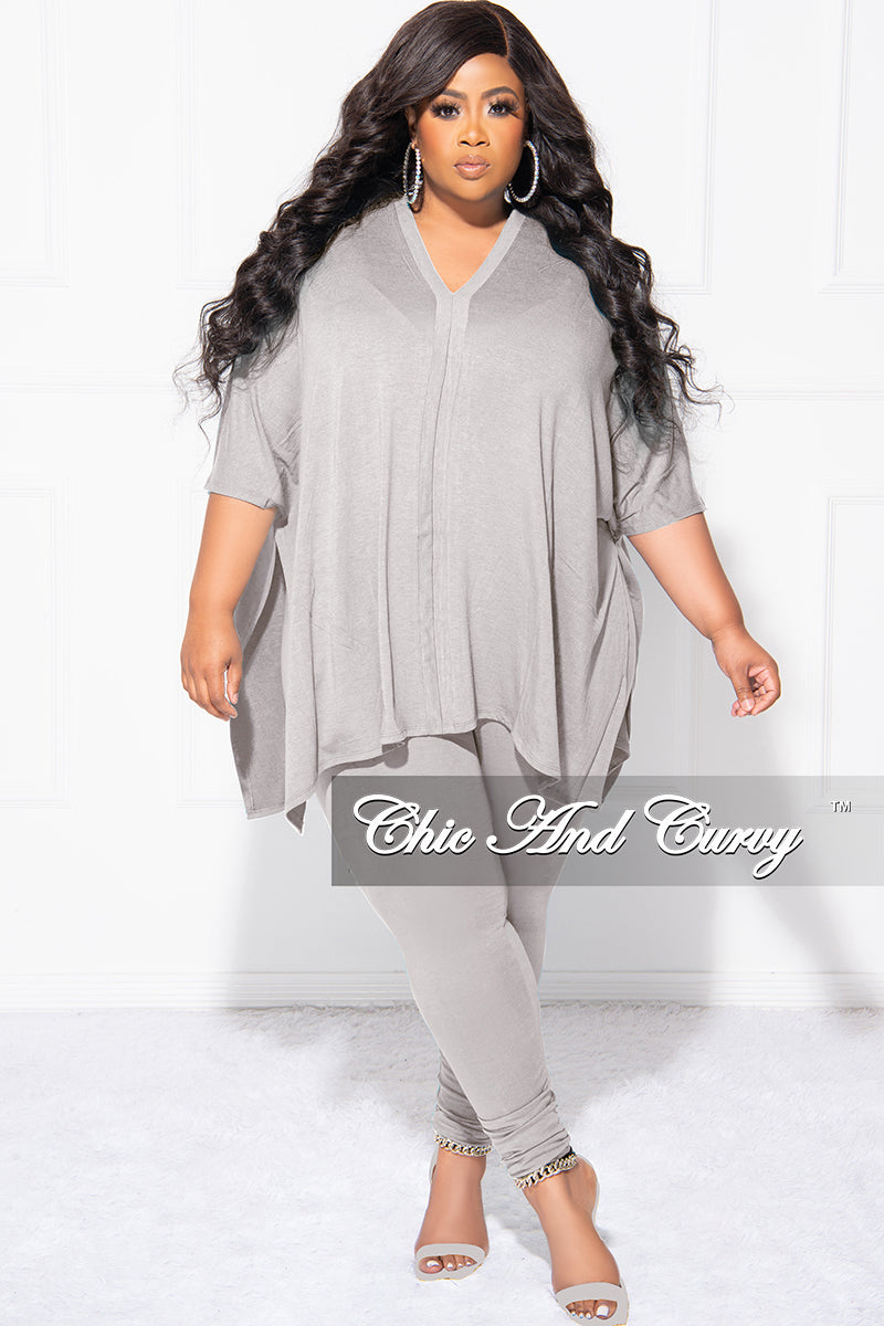 Final Sale Plus Size 2pc V Neck Tunic Top and Matching Legging Set in Light Grey