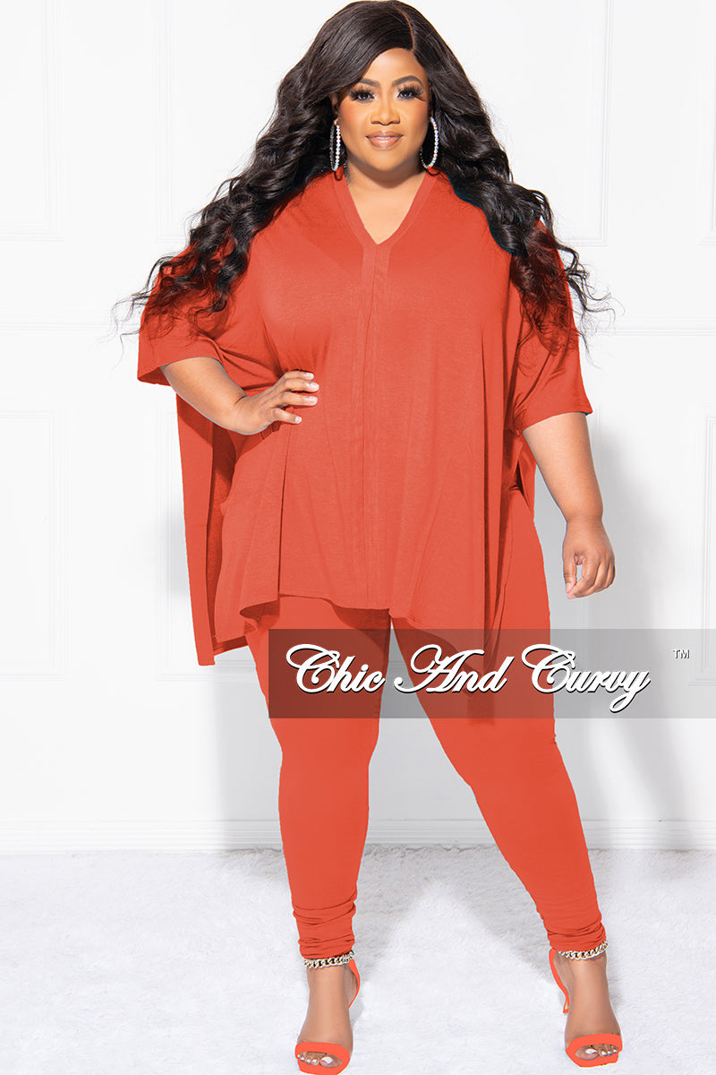 Final Sale Plus Size 2pc V Neck Tunic Top and Matching Legging Set in Coral Rust