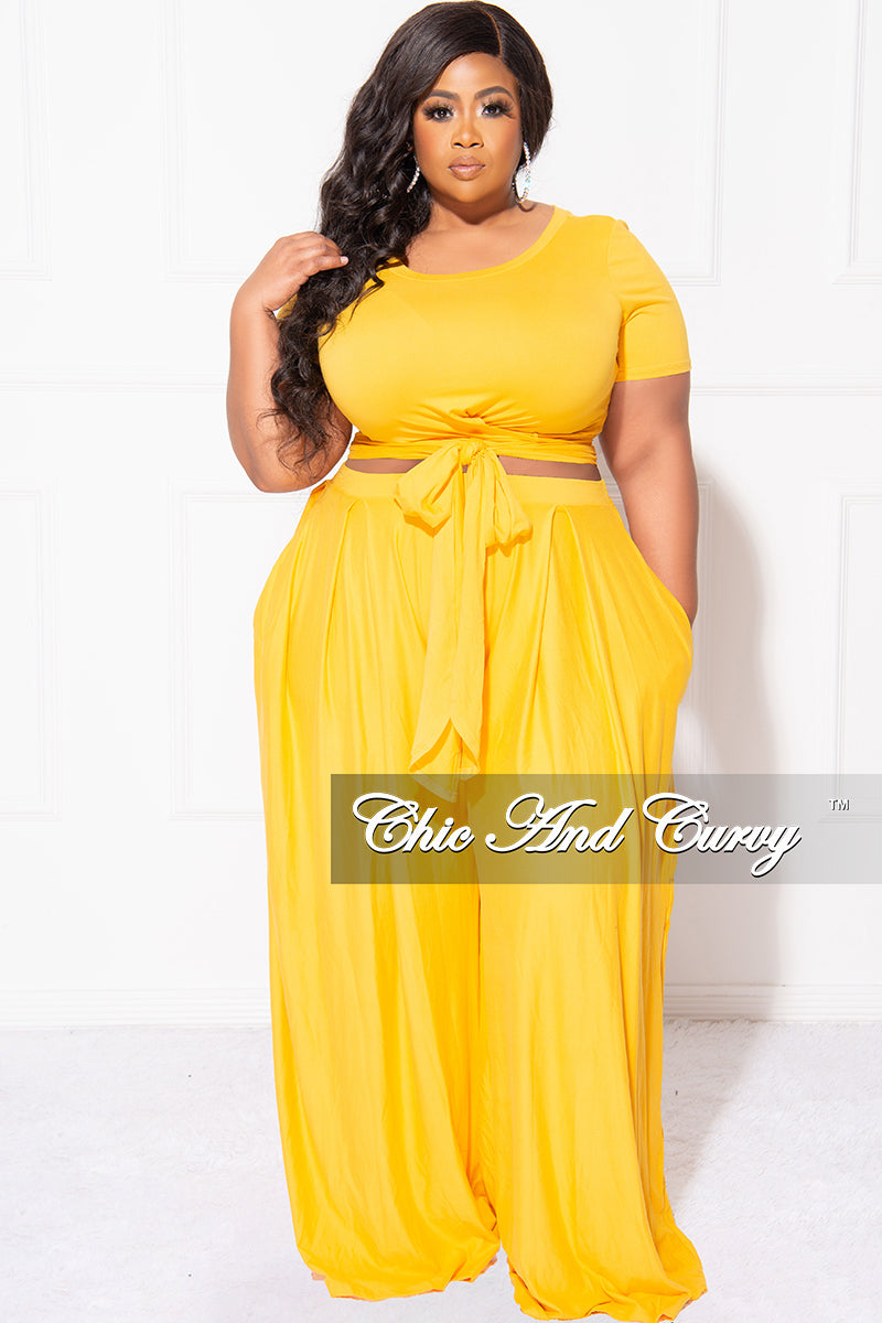 Final Sale Plus Size 2pc Set Cropped Tie Top & Pants in Mustard Yellow