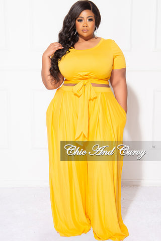 Final Sale Plus Size 2pc Set Cropped Tie Top & Pants in Mustard Yellow