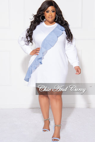 Final Sale Plus Size Asymmetrical Ruffle  Sweater Dress in White and Blue