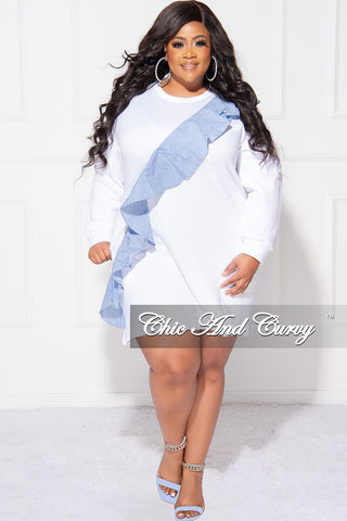 Final Sale Plus Size Asymmetrical Ruffle  Sweater Dress in White and Blue