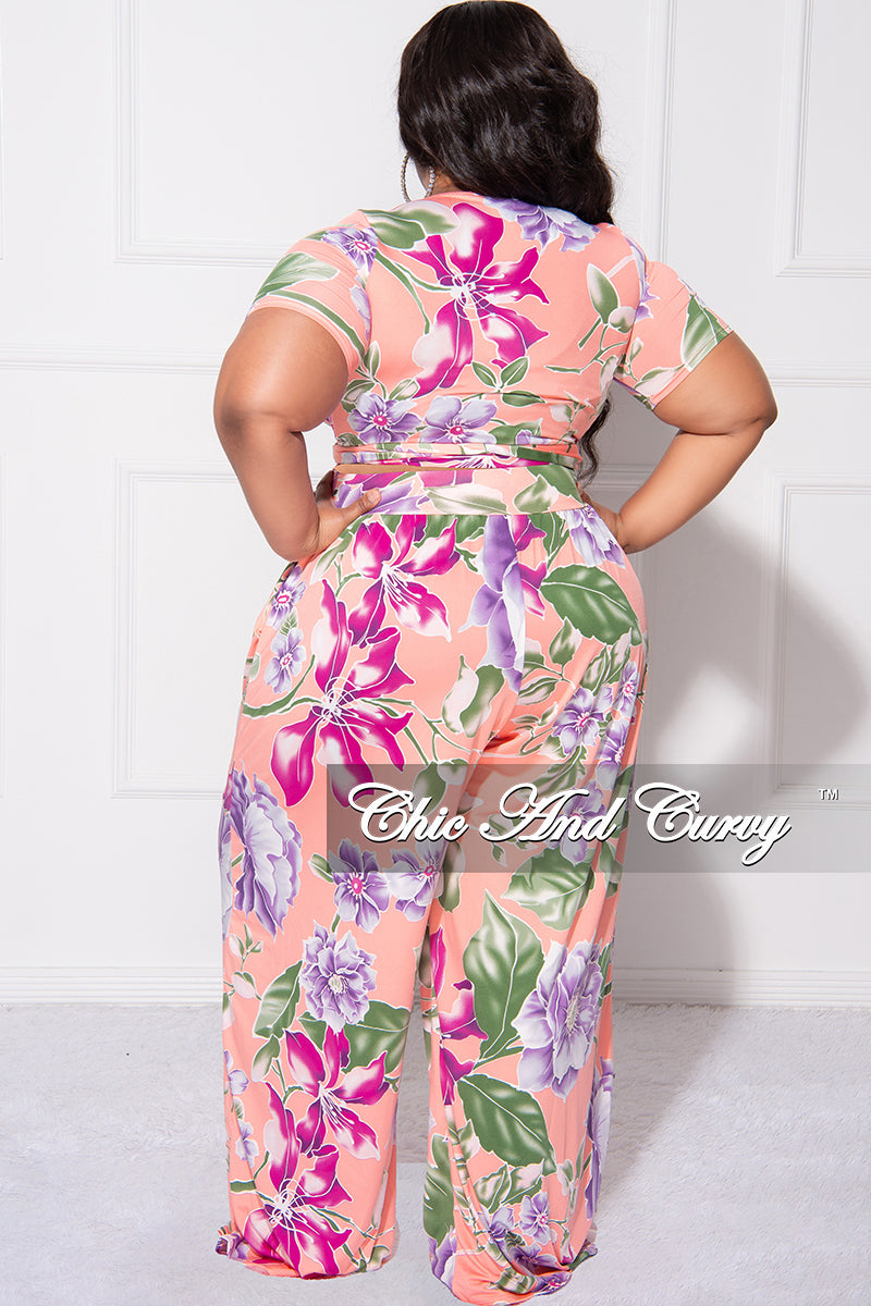 Final Sale Plus Size 2pc Short Sleeve Tie Top and Pants Set in Coral & Lavender Multi Color Print