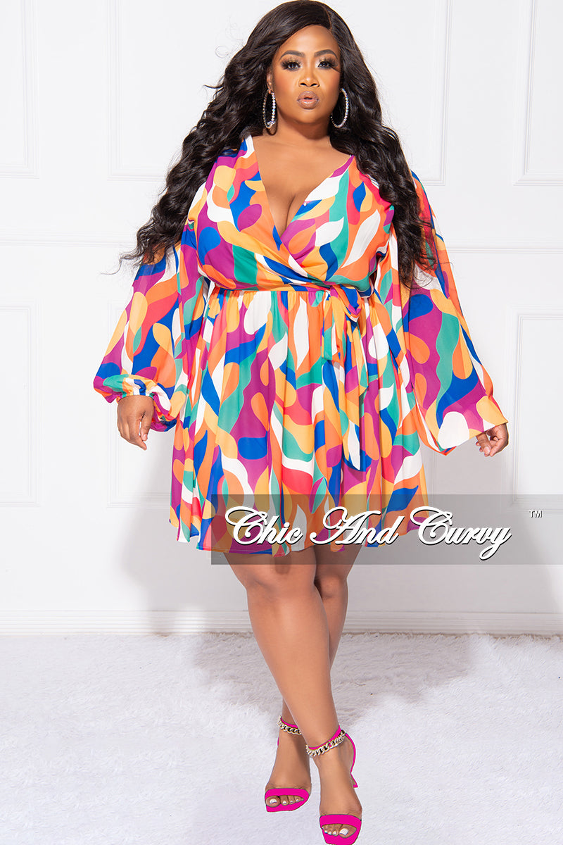 Final Sale Plus Size Faux Wrap Baby Doll Dress in Multi Color Print