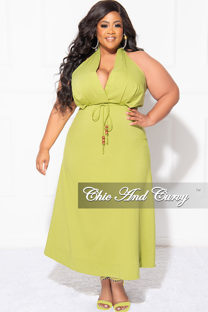 Final Sale Plus Size Halter V Neck Dress in Lime