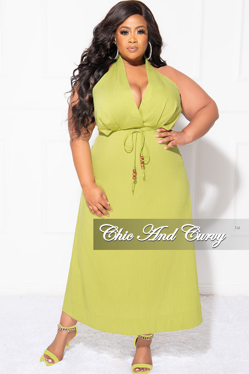 Final Sale Plus Size Halter V Neck Dress in Lime