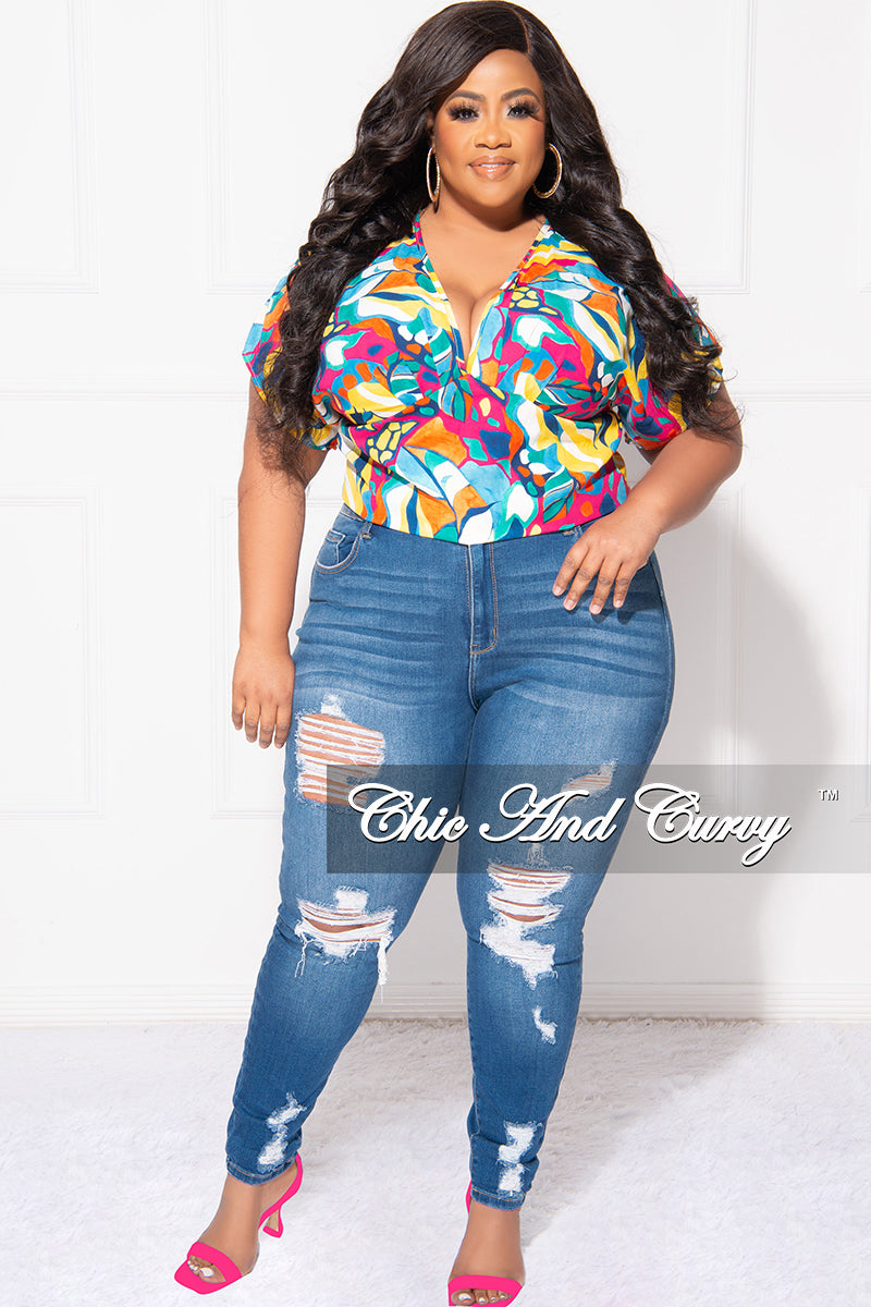 Final Sale Plus Size Deep V Top in Multi Color Design Print – Chic