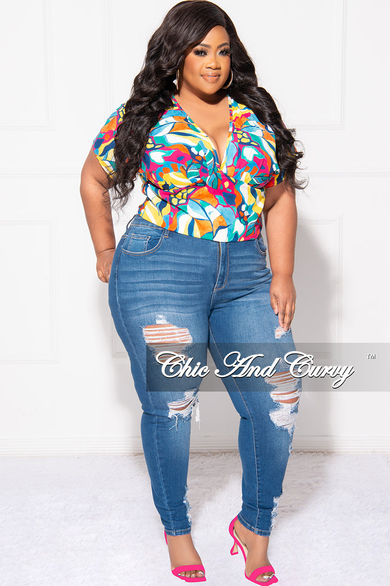 Final Sale Plus Size Deep V Top in Multi Color Design Print – Chic