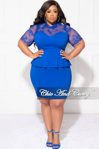 Final Sale Plus Size Contrast Lace Peplum Bodycon Dress in Royal Blue