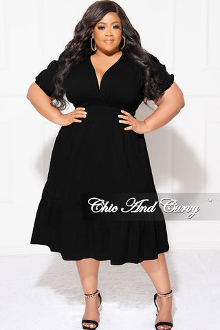 Final Sale Plus Size Faux Wrap Dress with Ruched Sleeves In Black