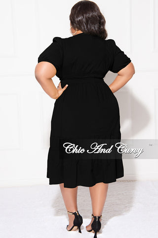 Final Sale Plus Size Faux Wrap Dress with Ruched Sleeves In Black
